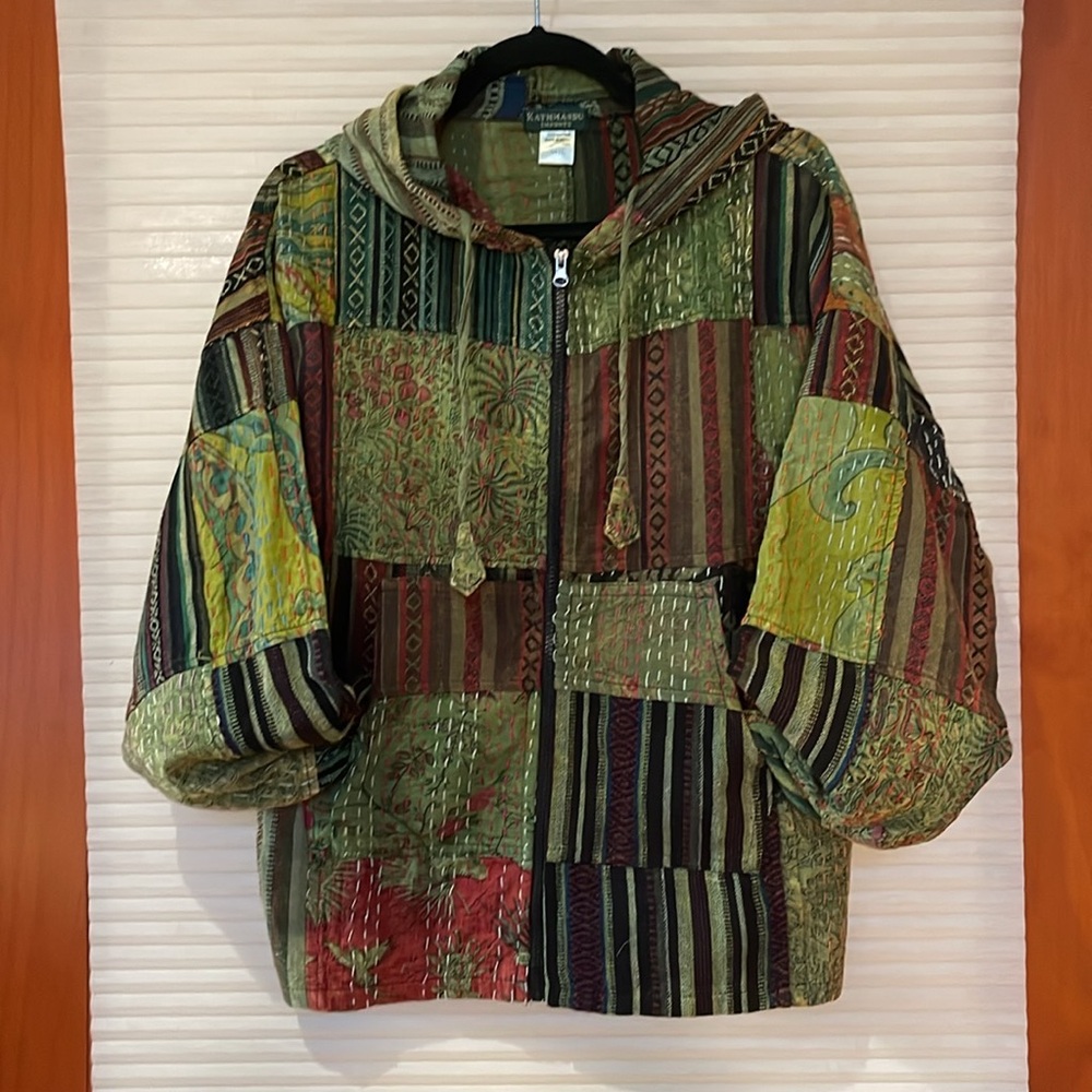 Green/Orange Kantha Patchwork Jacket Size M/L - image 3